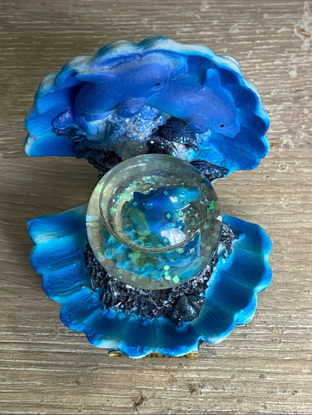 Vintage Florida Blue Dolphin Shell Glitter Snow Globe Decorative Accent